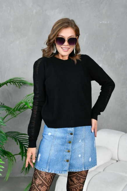 Kadın Bisiklet Yaka Kolları Ajurlu Basic Triko Kazak