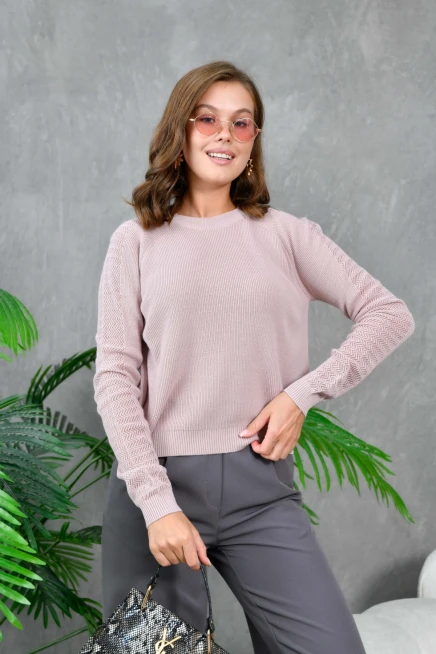 Kadın Bisiklet Yaka Kolları Ajurlu Basic Triko Kazak