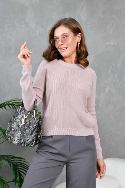 Kadın Bisiklet Yaka Kolları Ajurlu Basic Triko Kazak