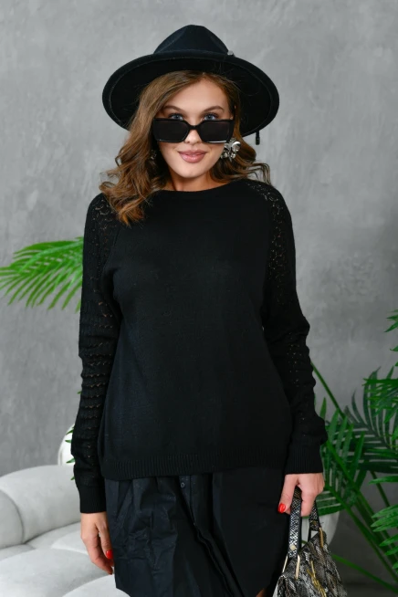 Kadın Bisiklet Yaka Kolları Ajurlu Basic Triko Kazak