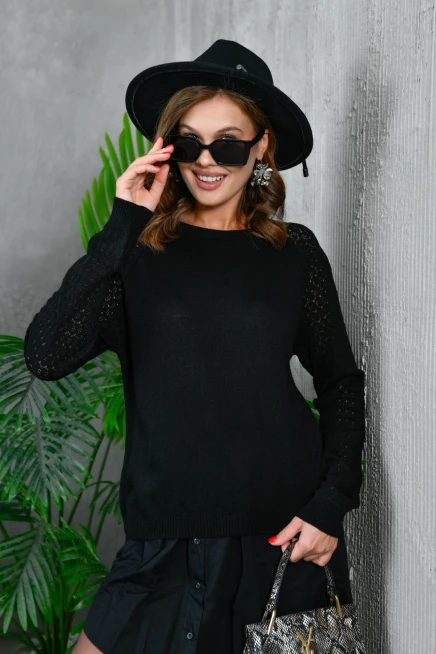 Kadın Bisiklet Yaka Kolları Ajurlu Basic Triko Kazak