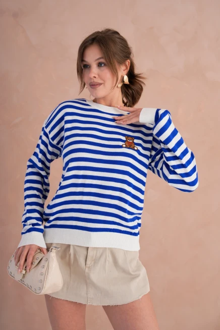 Kadın Bisiklet Yaka Nakış Detay Çizgili Triko Kazak