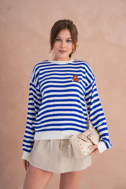 Kadın Bisiklet Yaka Nakış Detay Çizgili Triko Kazak