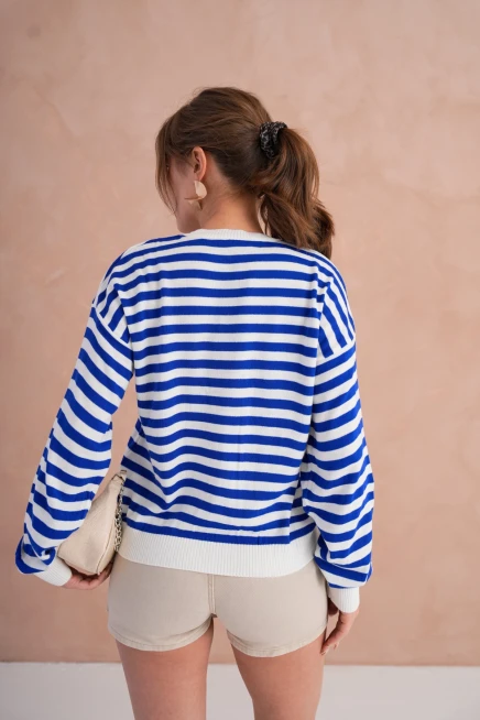 Kadın Bisiklet Yaka Nakış Detay Çizgili Triko Kazak