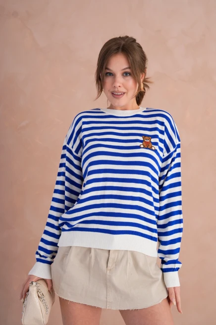 Kadın Bisiklet Yaka Nakış Detay Çizgili Triko Kazak