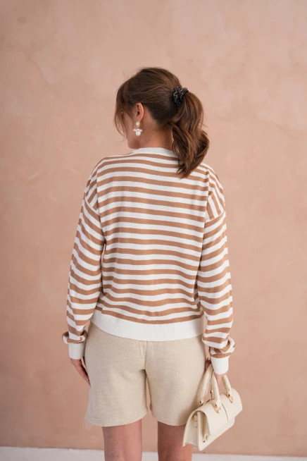 Kadın Bisiklet Yaka Nakış Detay Çizgili Triko Kazak