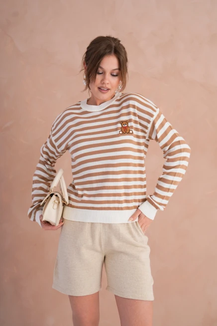 Kadın Bisiklet Yaka Nakış Detay Çizgili Triko Kazak