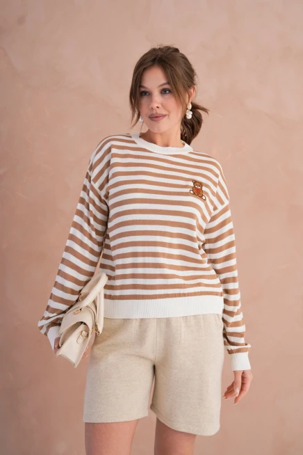 Kadın Bisiklet Yaka Nakış Detay Çizgili Triko Kazak