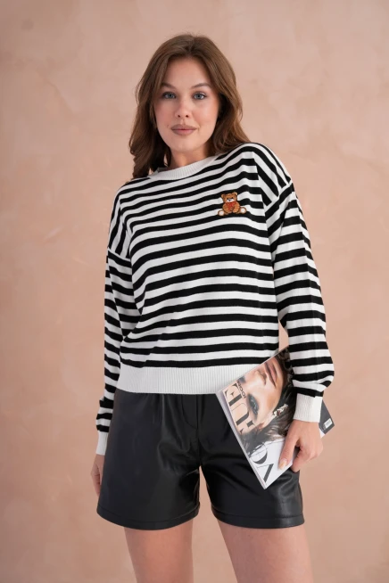 Kadın Bisiklet Yaka Nakış Detay Çizgili Triko Kazak