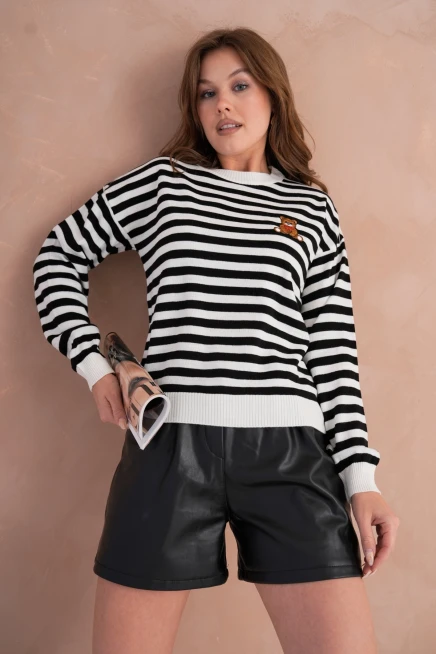 Kadın Bisiklet Yaka Nakış Detay Çizgili Triko Kazak