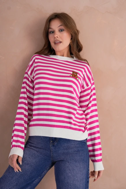 Kadın Bisiklet Yaka Nakış Detay Çizgili Triko Kazak