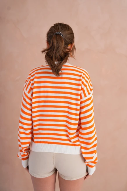 Kadın Bisiklet Yaka Nakış Detay Çizgili Triko Kazak