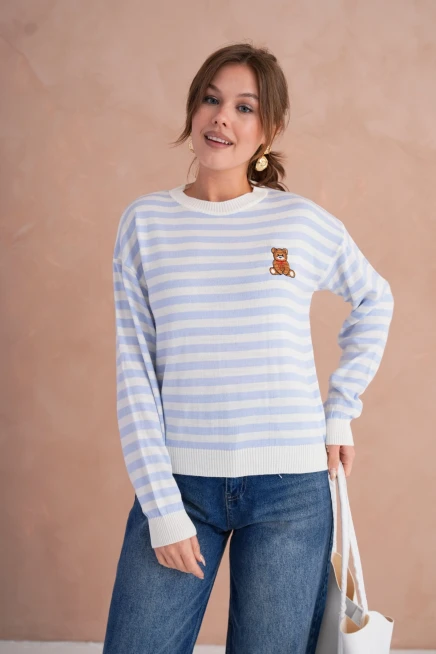 Kadın Bisiklet Yaka Nakış Detay Çizgili Triko Kazak