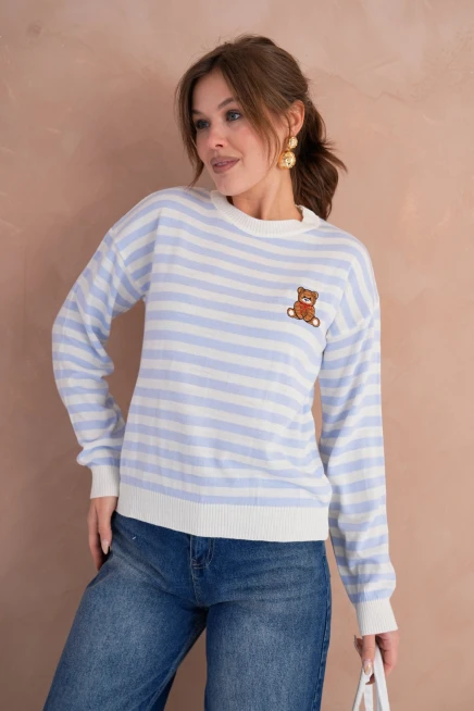 Kadın Bisiklet Yaka Nakış Detay Çizgili Triko Kazak