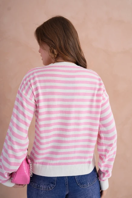 Kadın Bisiklet Yaka Nakış Detay Çizgili Triko Kazak