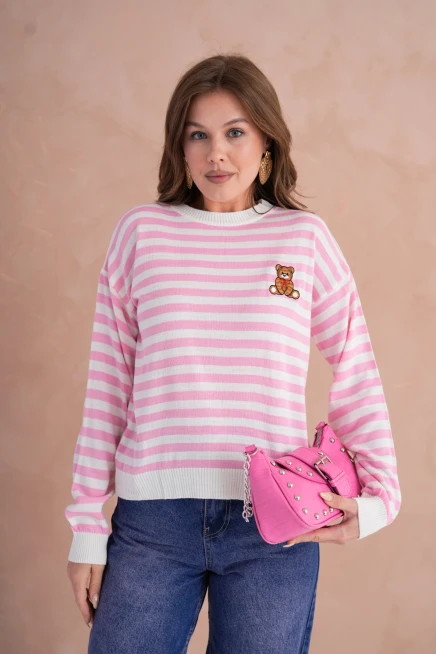 Kadın Bisiklet Yaka Nakış Detay Çizgili Triko Kazak