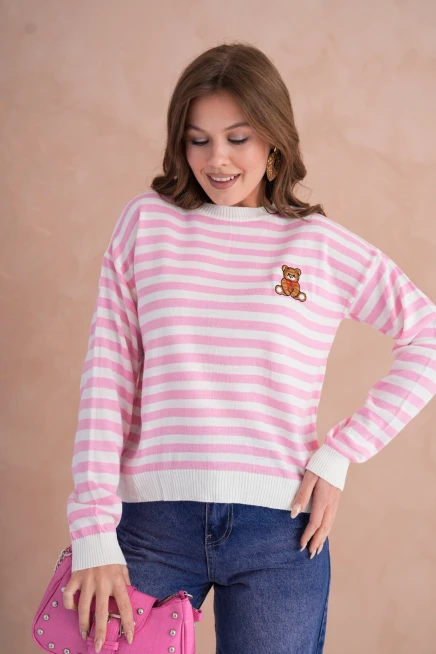 Kadın Bisiklet Yaka Nakış Detay Çizgili Triko Kazak