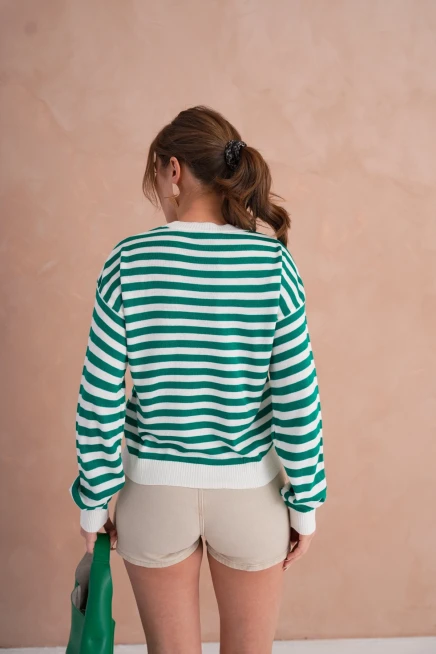 Kadın Bisiklet Yaka Nakış Detay Çizgili Triko Kazak