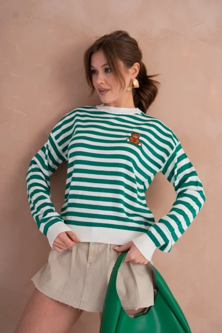 Kadın Bisiklet Yaka Nakış Detay Çizgili Triko Kazak