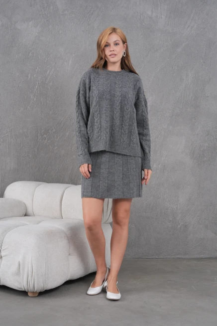 Kadın Bisiklet Yaka Saç Örgü Kazak Etek İkili Triko Takım