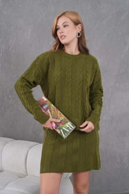 Kadın Bisiklet Yaka Saç Örgü Kazak Etek İkili Triko Takım