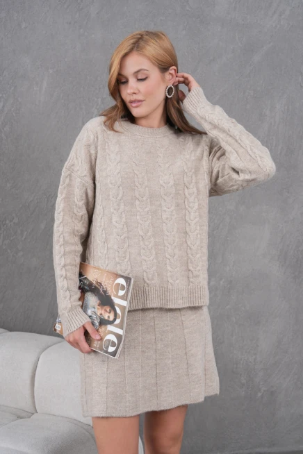 Kadın Bisiklet Yaka Saç Örgü Kazak Etek İkili Triko Takım