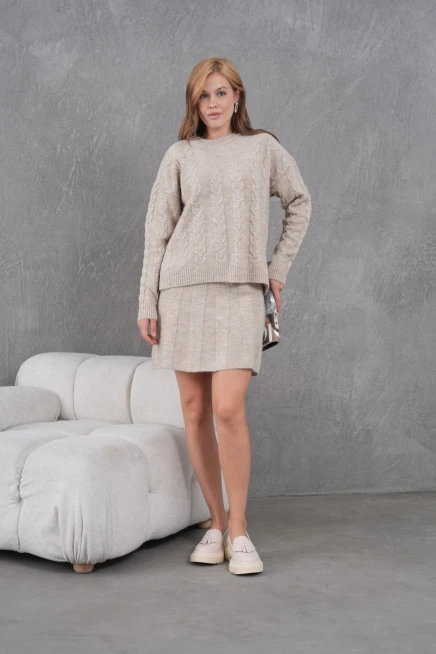 Kadın Bisiklet Yaka Saç Örgü Kazak Etek İkili Triko Takım