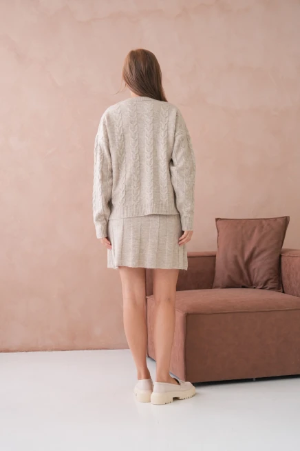 Kadın Bisiklet Yaka Saç Örgü Kazak Etek İkili Triko Takım