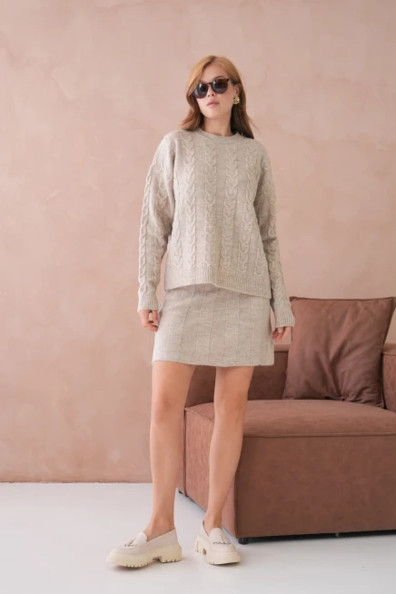 Kadın Bisiklet Yaka Saç Örgü Kazak Etek İkili Triko Takım