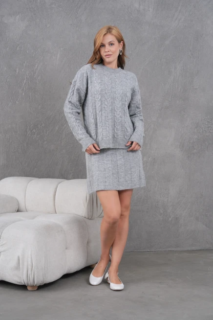 Kadın Bisiklet Yaka Saç Örgü Kazak Etek İkili Triko Takım