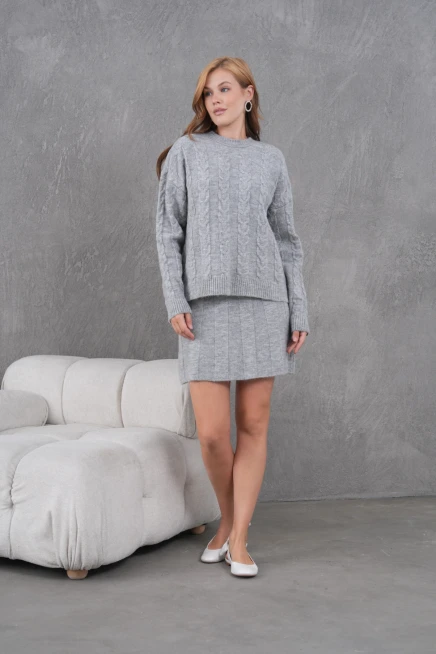 Kadın Bisiklet Yaka Saç Örgü Kazak Etek İkili Triko Takım