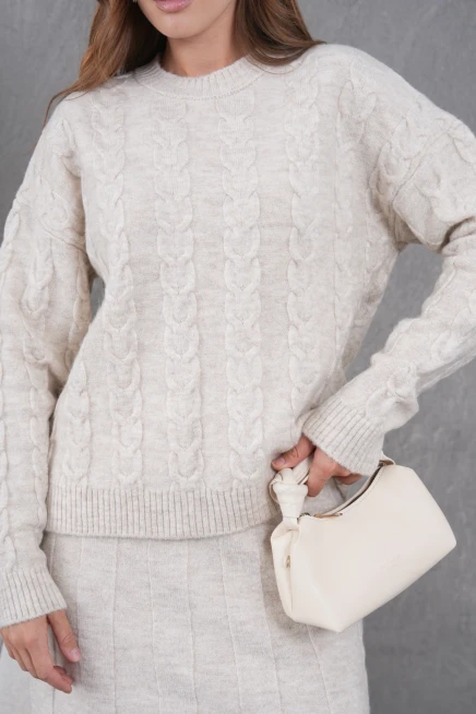 Kadın Bisiklet Yaka Saç Örgü Kazak Etek İkili Triko Takım