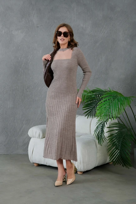 Kadın Bisiklet Yaka Tül Detay Maksi Boy Fitilli Triko Elbise