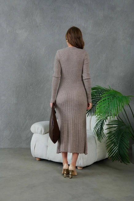 Kadın Bisiklet Yaka Tül Detay Maksi Boy Fitilli Triko Elbise