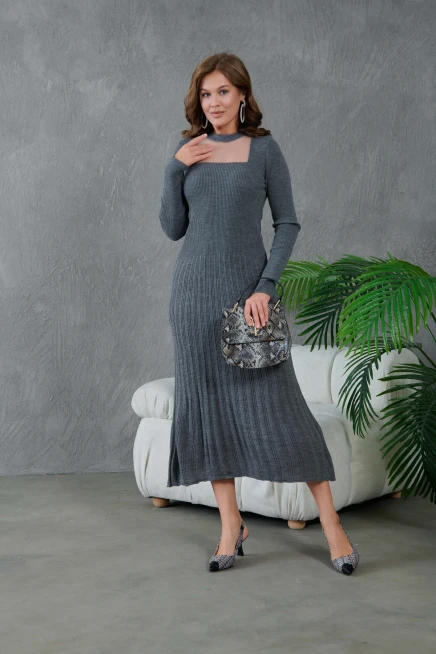 Kadın Bisiklet Yaka Tül Detay Maksi Boy Fitilli Triko Elbise