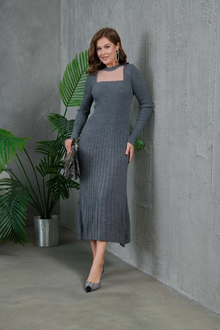 Kadın Bisiklet Yaka Tül Detay Maksi Boy Fitilli Triko Elbise