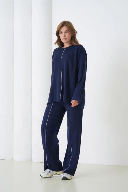 Kadın Bisiklet Yaka Yırtmaçlı Oversize Kazak Pantolon İkili Triko Takım