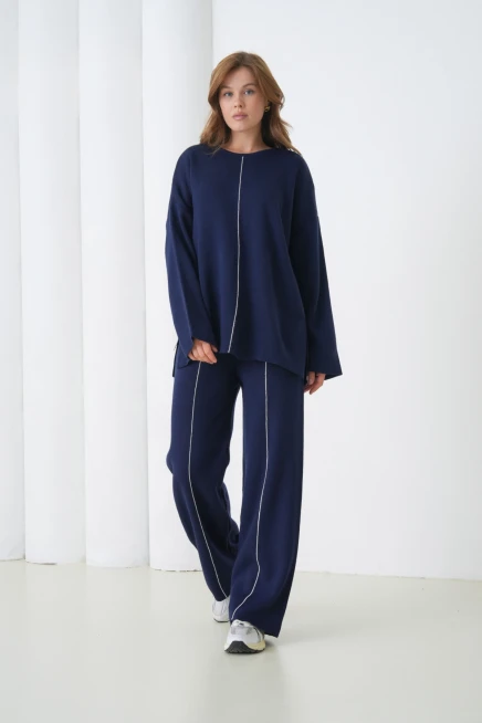 Kadın Bisiklet Yaka Yırtmaçlı Oversize Kazak Pantolon İkili Triko Takım