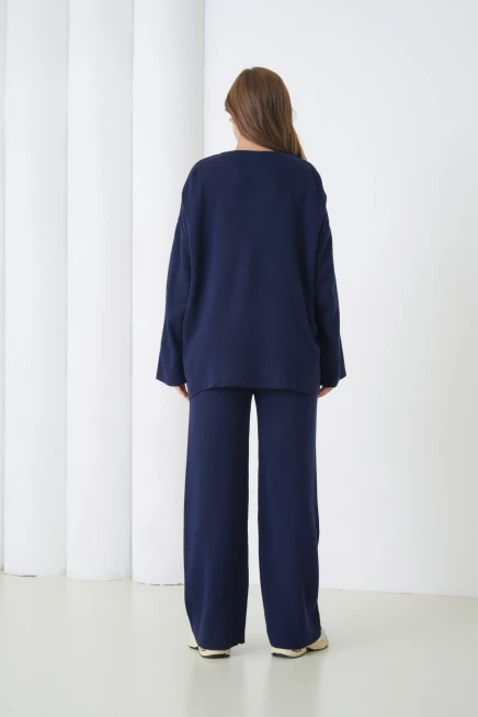 Kadın Bisiklet Yaka Yırtmaçlı Oversize Kazak Pantolon İkili Triko Takım