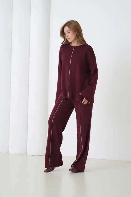 Kadın Bisiklet Yaka Yırtmaçlı Oversize Kazak Pantolon İkili Triko Takım