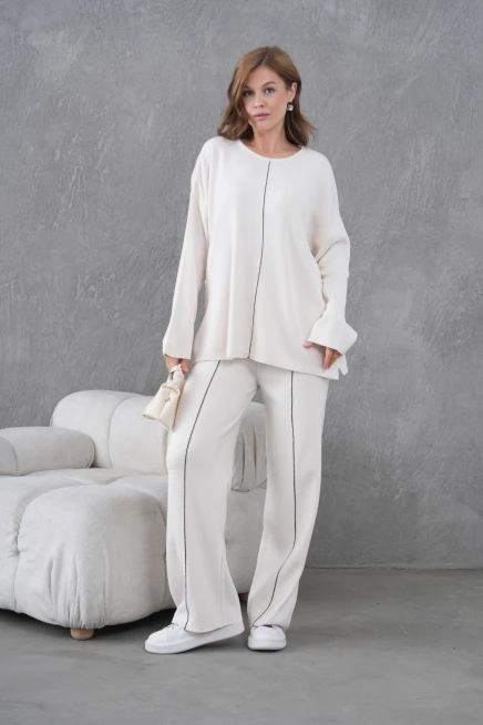 Kadın Bisiklet Yaka Yırtmaçlı Oversize Kazak Pantolon İkili Triko Takım