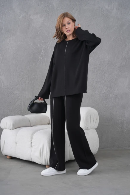 Kadın Bisiklet Yaka Yırtmaçlı Oversize Kazak Pantolon İkili Triko Takım