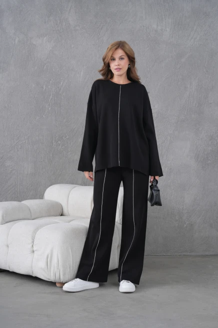 Kadın Bisiklet Yaka Yırtmaçlı Oversize Kazak Pantolon İkili Triko Takım