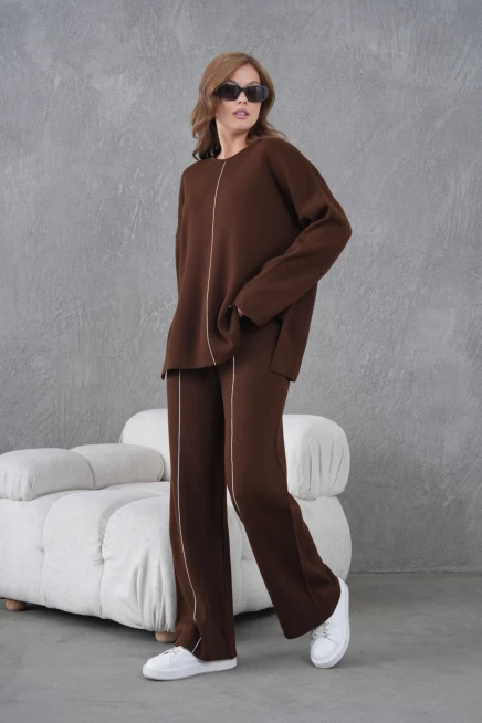 Kadın Bisiklet Yaka Yırtmaçlı Oversize Kazak Pantolon İkili Triko Takım