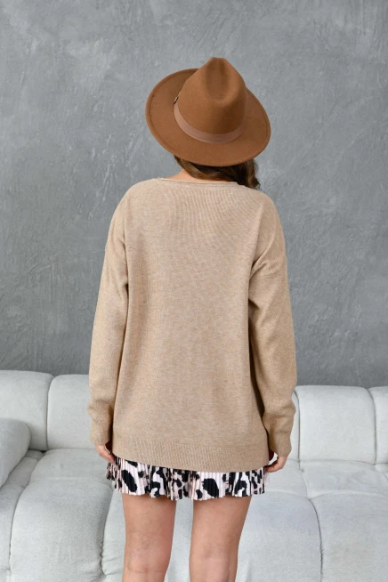 Kadın Bisiklet Yaka Yırtmaçlı Oversize Triko Kazak