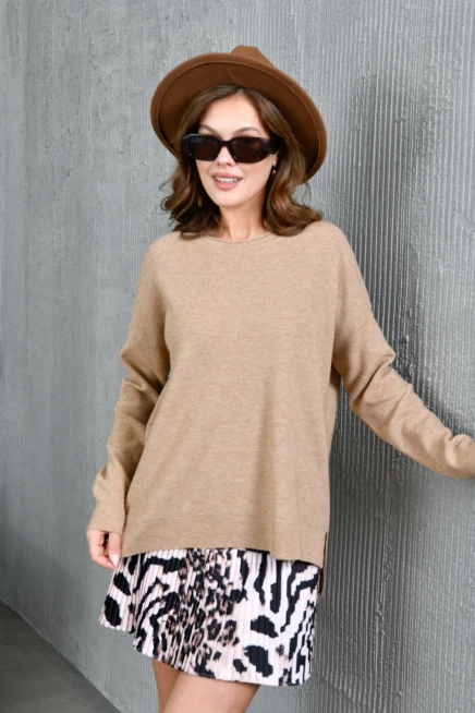 Kadın Bisiklet Yaka Yırtmaçlı Oversize Triko Kazak