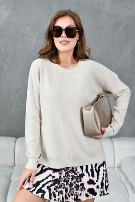 Kadın Bisiklet Yaka Yırtmaçlı Oversize Triko Kazak