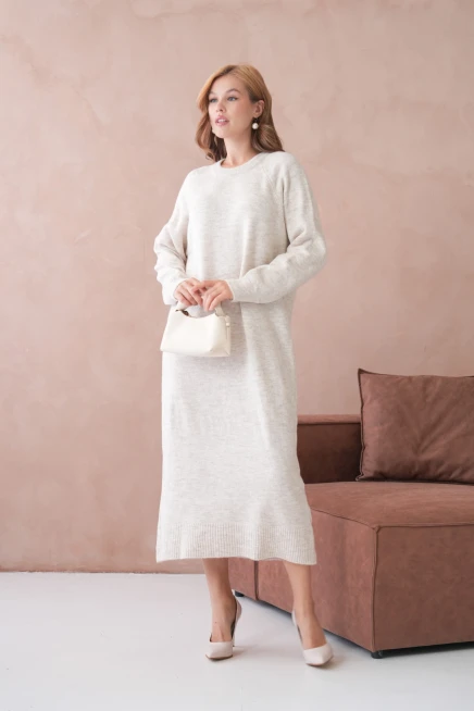 Kadın Bisiklet Yaka Yumuşak Dokulu Maksi Boy Şardonlu Oversize Triko Elbise 8324Sw