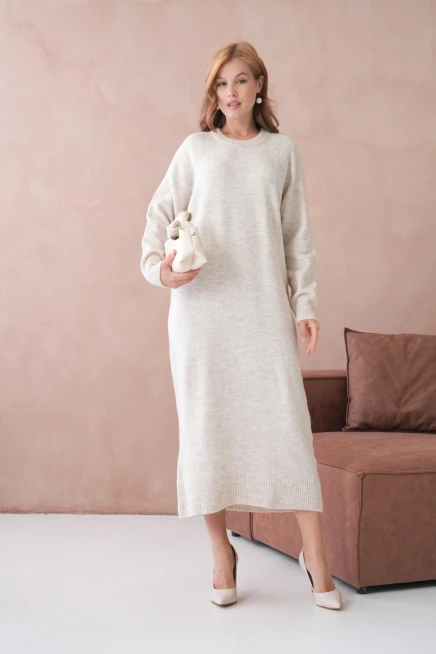 Kadın Bisiklet Yaka Yumuşak Dokulu Maksi Boy Şardonlu Oversize Triko Elbise 8324Sw