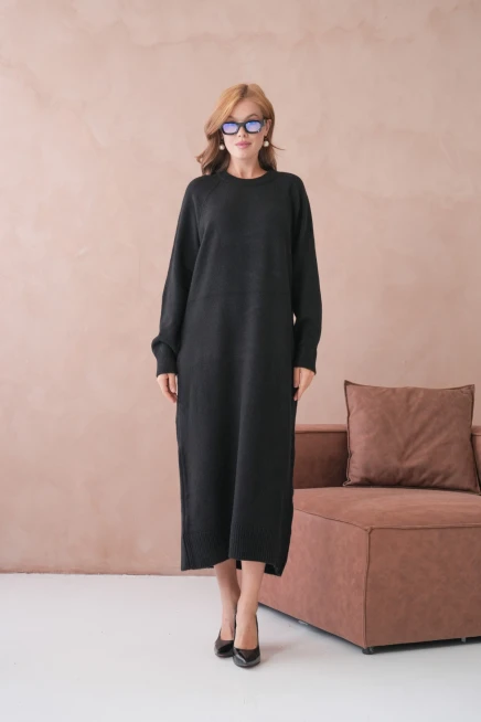 Kadın Bisiklet Yaka Yumuşak Dokulu Maksi Boy Şardonlu Oversize Triko Elbise 8324Sw